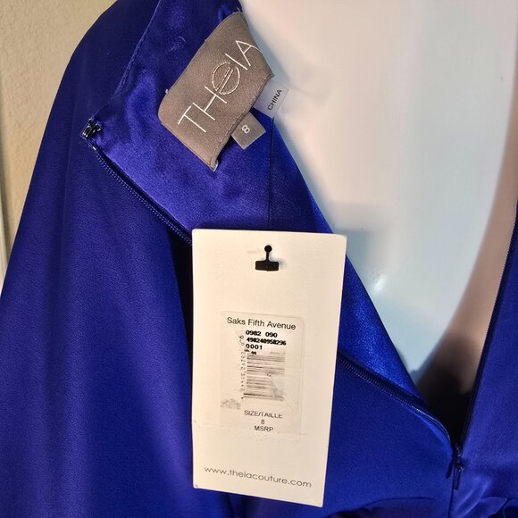 Theia Kimono Satin Cocktail Midi Dress in Cobalt Blue - Picture 3 of 5